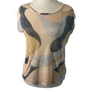 Rachel Zoe Linen Shirt Medium Swirl Abstract Print Short Sleeve V-Neck Artsy Tee